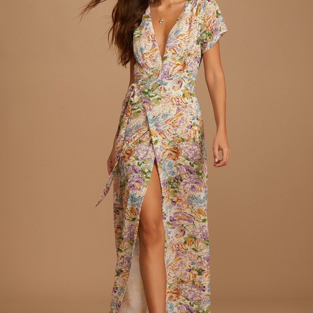 Lulus Feels Magical Ivory Floral Print Wrap Maxi Dress